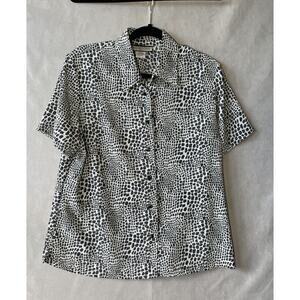 Notations Womens Button Front Animal Print Short Sleeve Size PL Black & White
